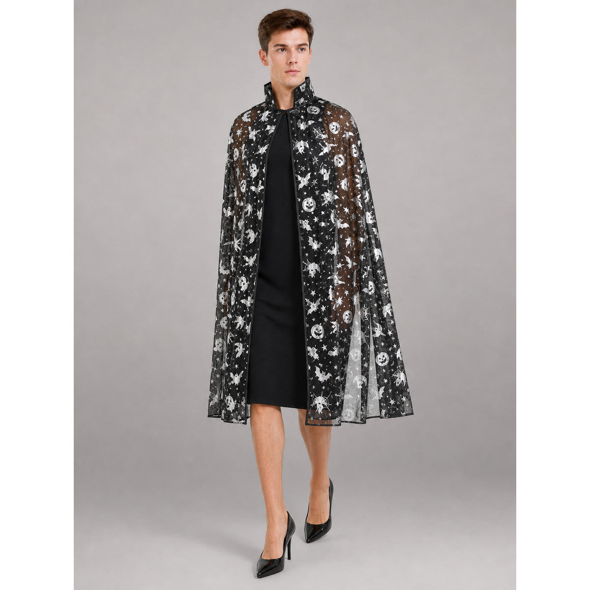Black Carnival Cloak with a High Collar front view