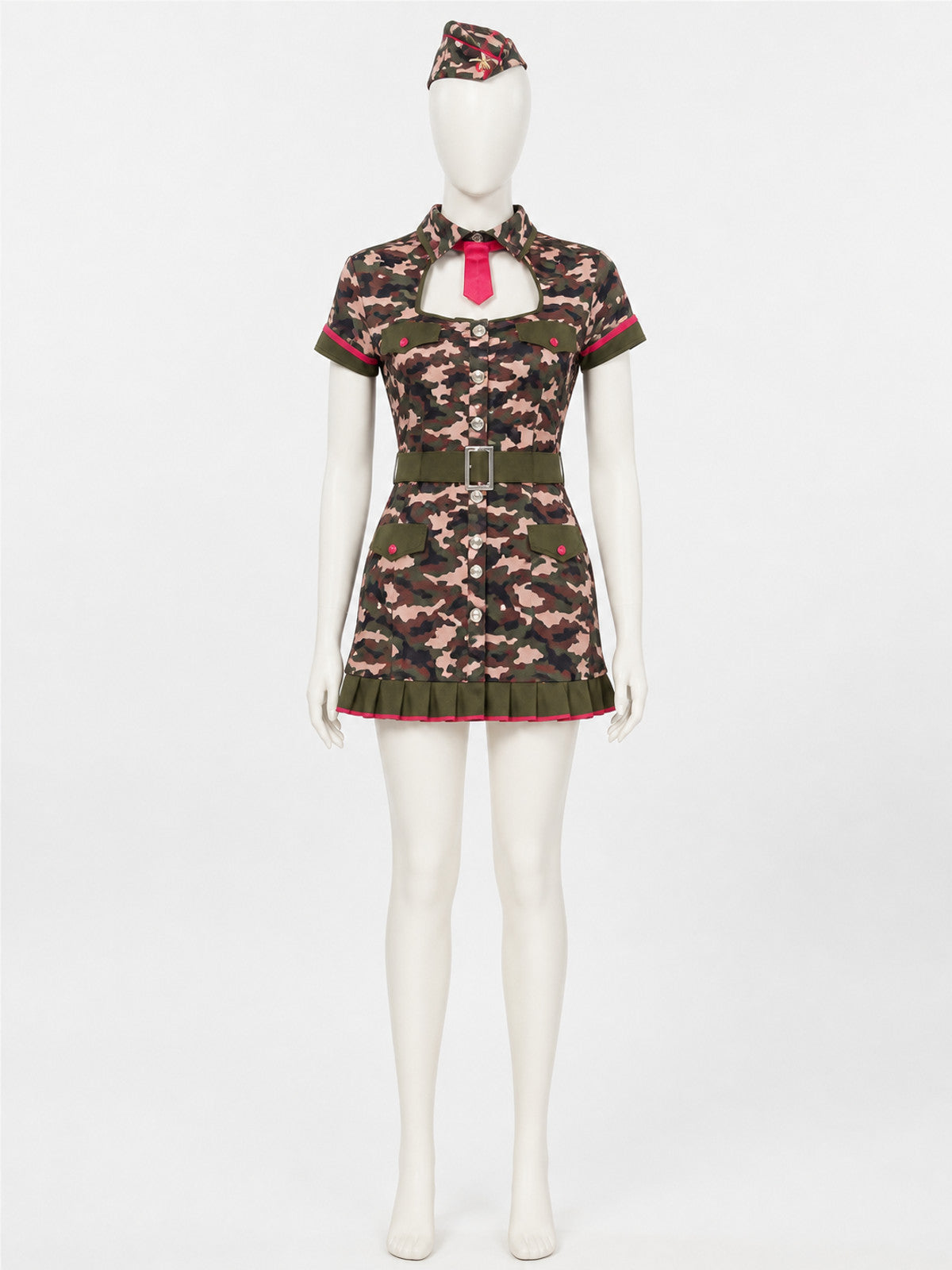 Women's Police Camouflage Short Sleeve Dress Costume Set with Hat, Tie & Belt on-model view