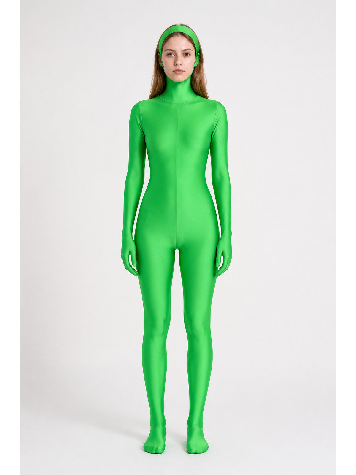 Green hooded zentai bodysuit with covered hands main product view