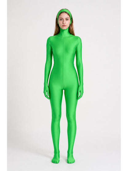 Green hooded zentai bodysuit with covered hands main product view