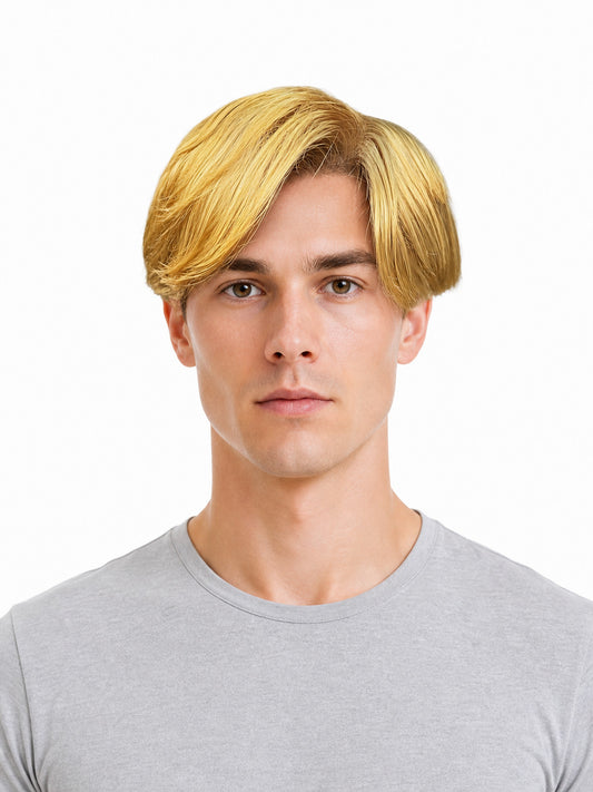 Golden short wig with side-parted bangs shown in a front portrait on a model against a white background