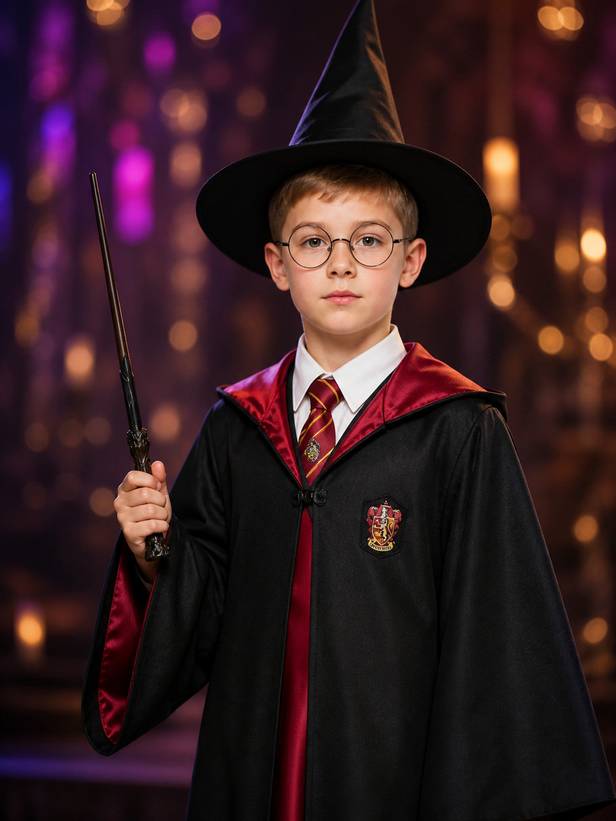 Kids Red And Black Wizard Robe Costume Set With Hat, Tie, Wand And Glasses on-model view