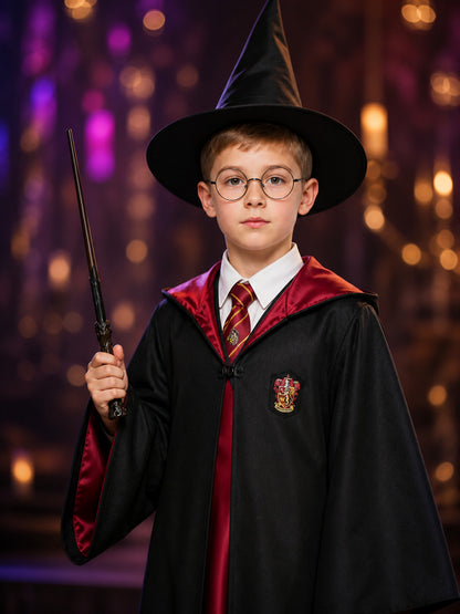 Kids Red And Black Wizard Robe Costume Set With Hat, Tie, Wand And Glasses on-model view