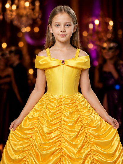 Kids Belle Princess Costume Dress, Yellow Bow-Decorated Long Ball Gown Halloween on-model view