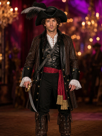 Adult Pirate Costume Set with Tricorn Hat, Long Coat, Belt and Boot Covers on-model view