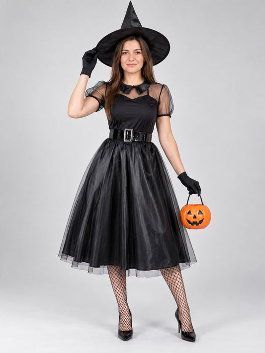 Witch Costume: Black Mesh Dress with Belt and Bow