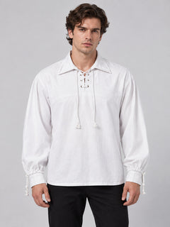 White long-sleeve shirt with a collar and lacing