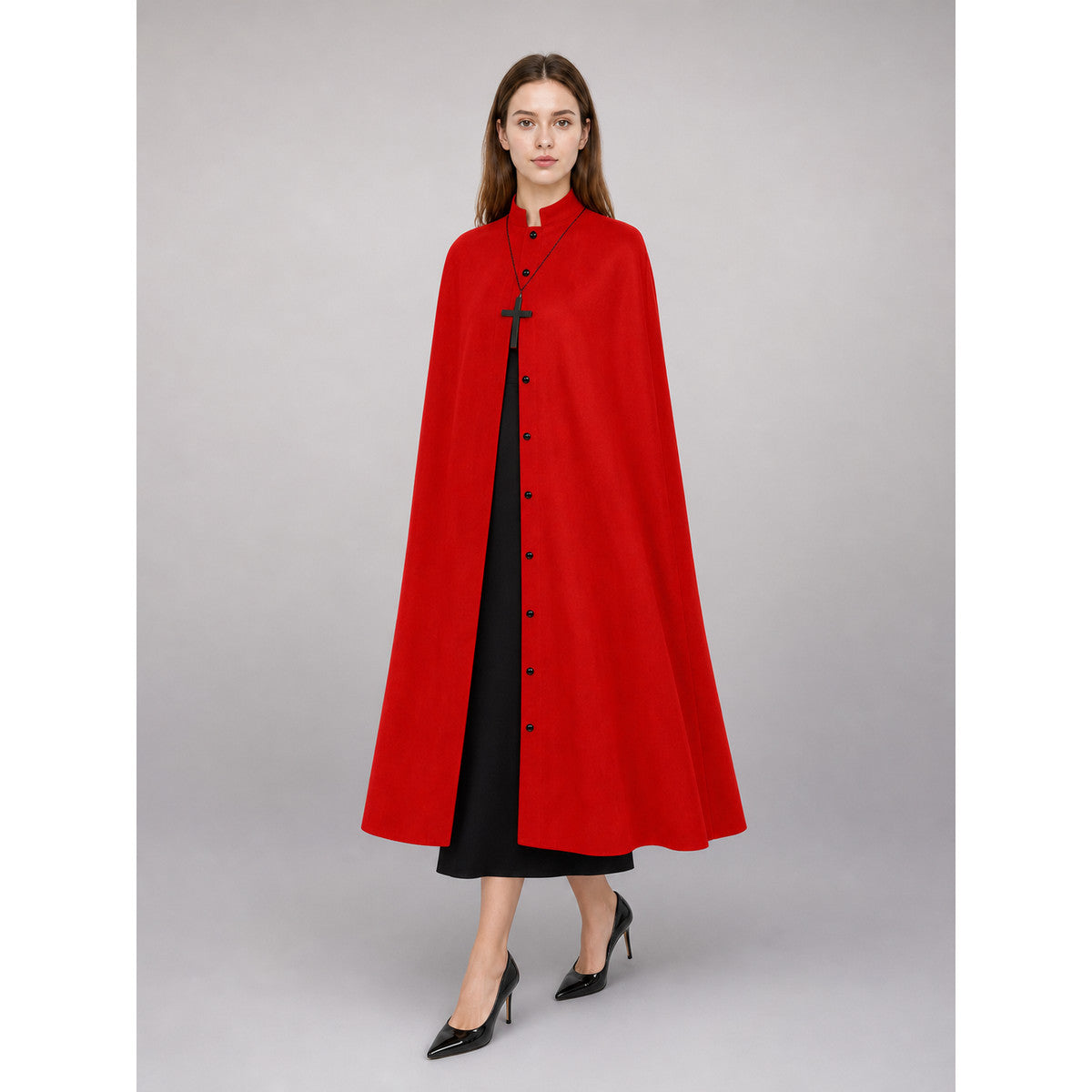 Red Long Carnival Cloak with Collar front view