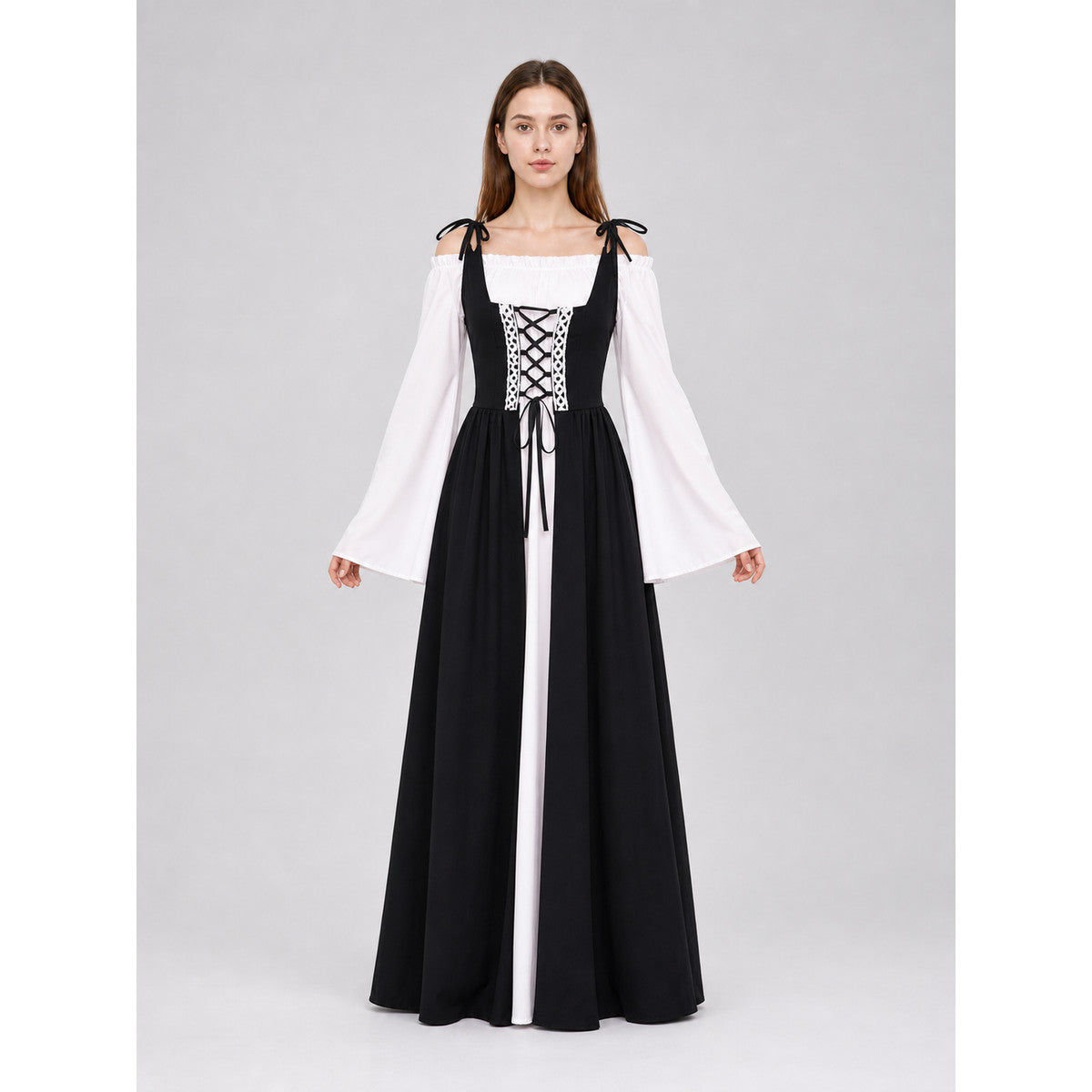 The dress is designed in a vintage medieval style and reflects characteristic