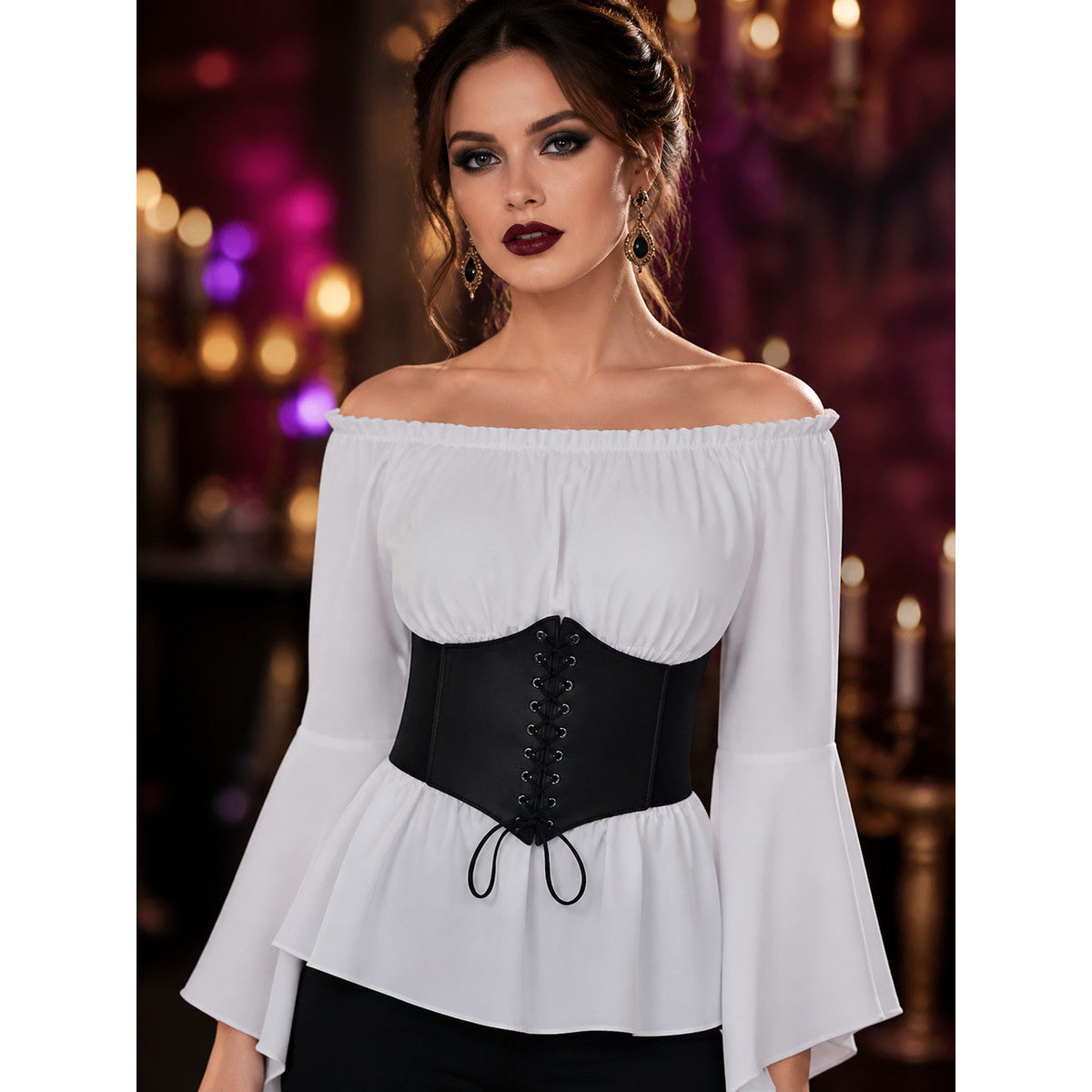 Women's Pirate Costume Top with Laced Corset Belt, Asymmetrical Hem on-model view