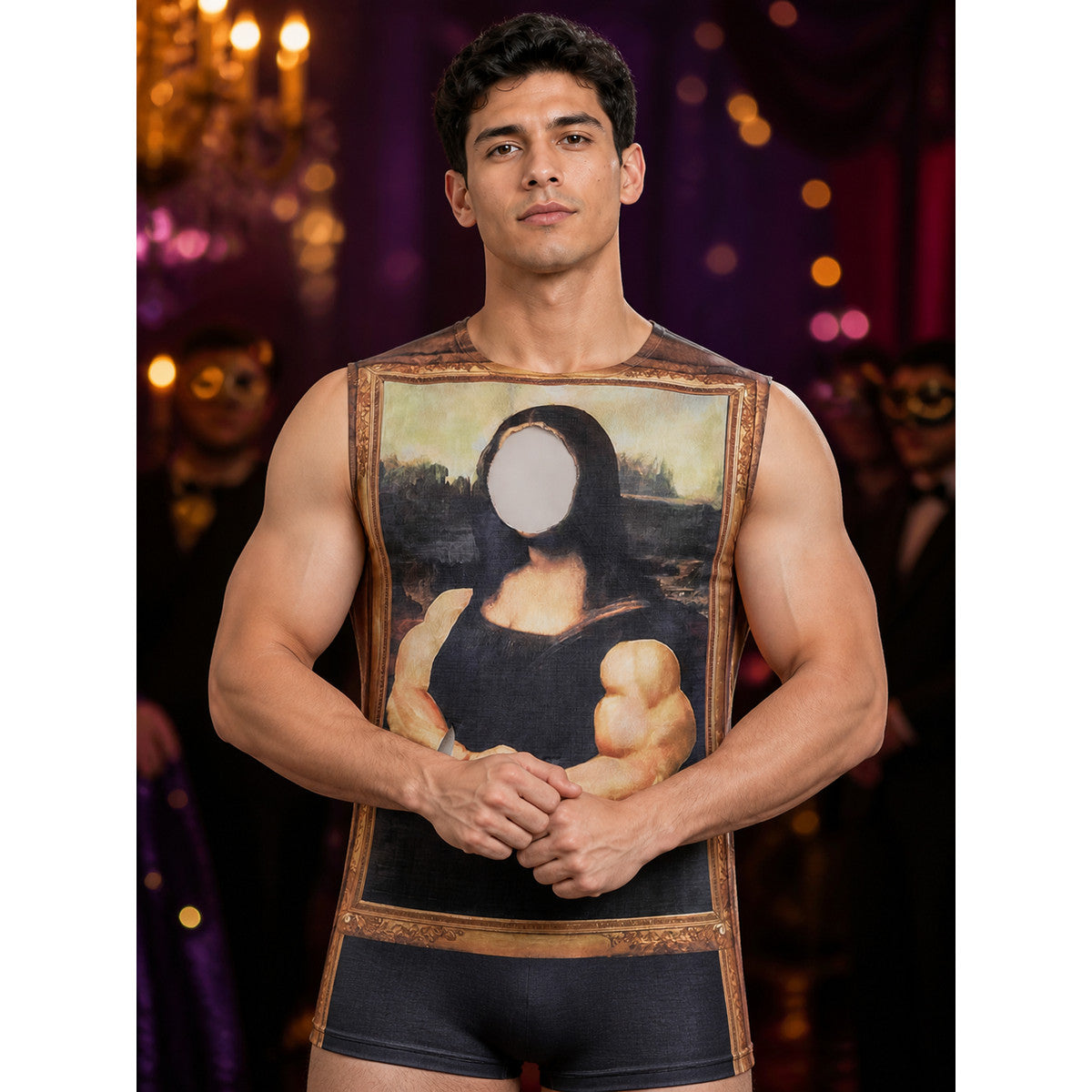Mona Lisa Muscle Bodysuit Costume, Funny Printed Adult Cosplay Outfit on-model view
