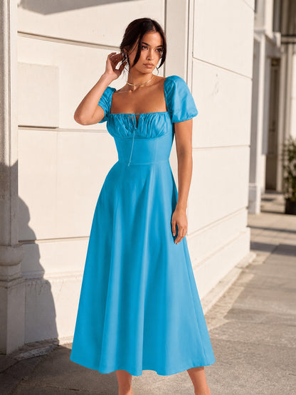Women's Blue Midi Dress with Square Neckline main product view