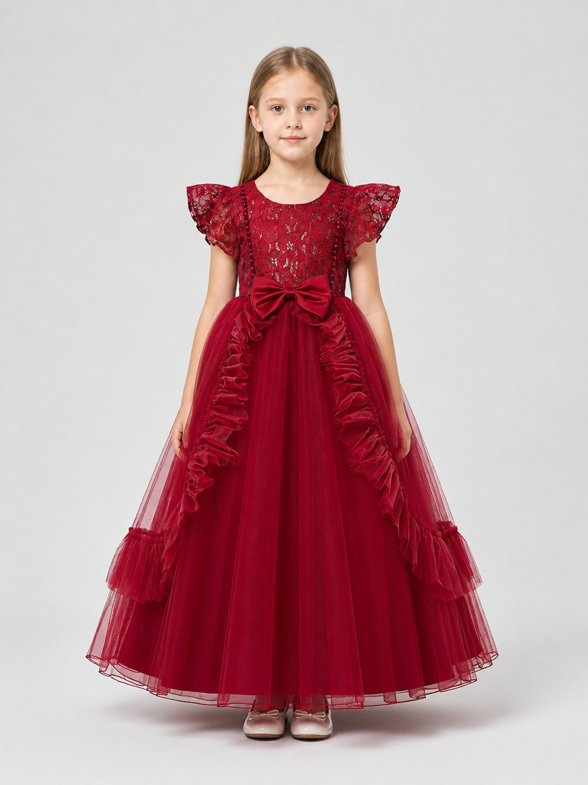 Long Burgundy Princess Dress with a Tulle Skirt on-model view