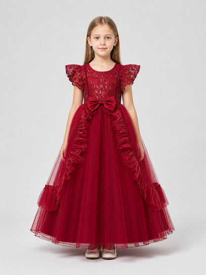 Long Burgundy Princess Dress with a Tulle Skirt on-model view