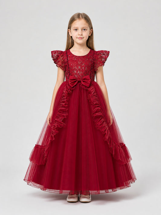 Long Burgundy Princess Dress with a Tulle Skirt on-model view