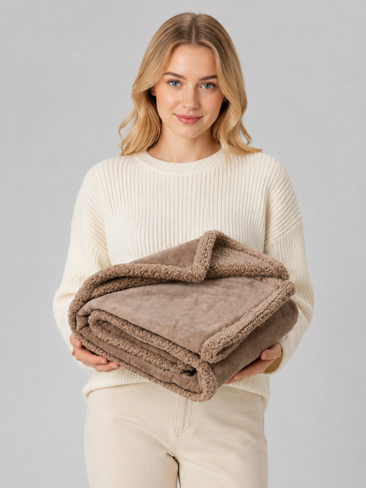 Reversible Pet Blanket, Taupe on-model view