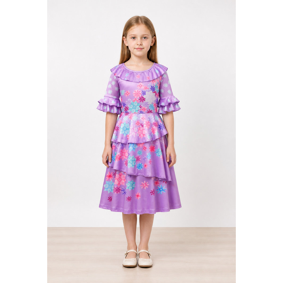 Children's Carnival Dress with Floral Print and Ruffles main product view
