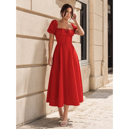 Women's Red Maxi Dress with Square Neckline