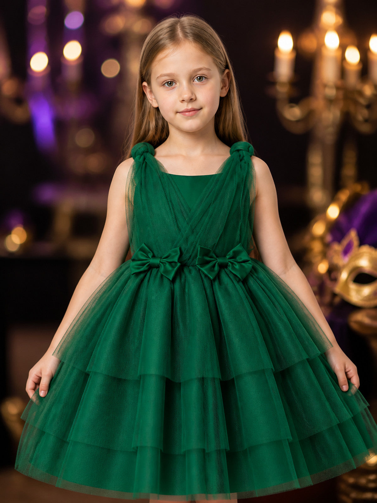 Girls' Dark Green Princess Dress, Sleeveless V-Neck Layered Tulle Gown With Bow on-model view