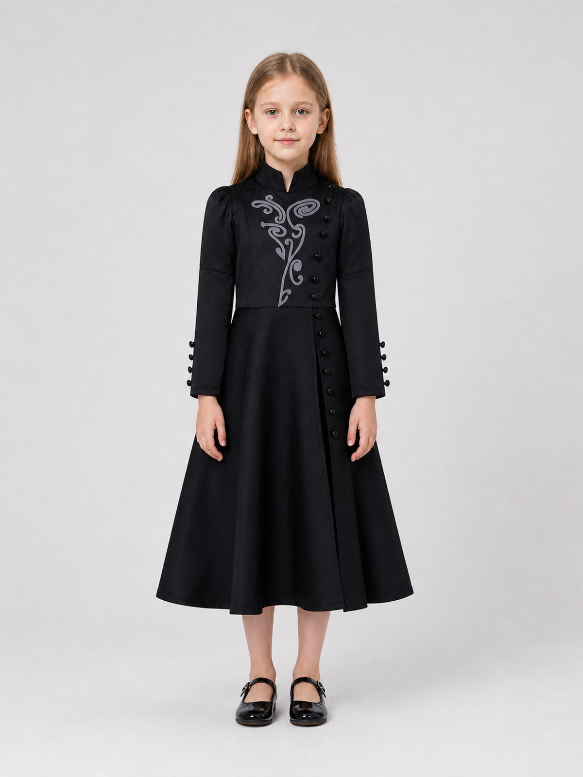 Black Elphaba Cosplay Dress, Long Sleeves, Buttons on-model view