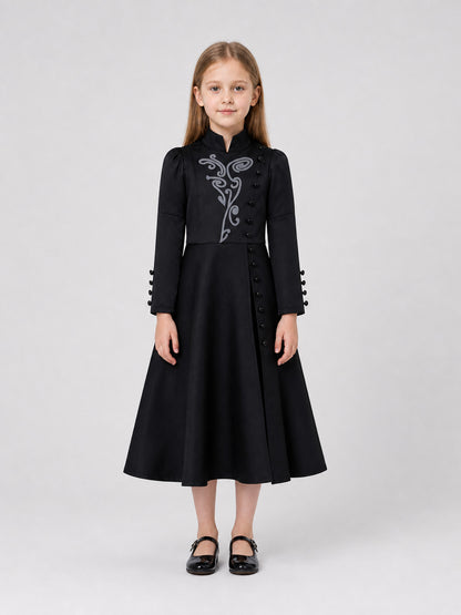 Black Elphaba Cosplay Dress, Long Sleeves, Buttons on-model view