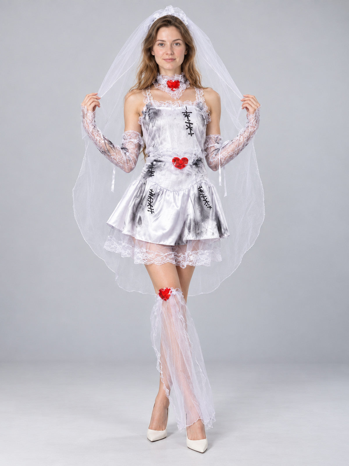 Bride Carnival Costume: White Mini Dress, Veil, Hearts
