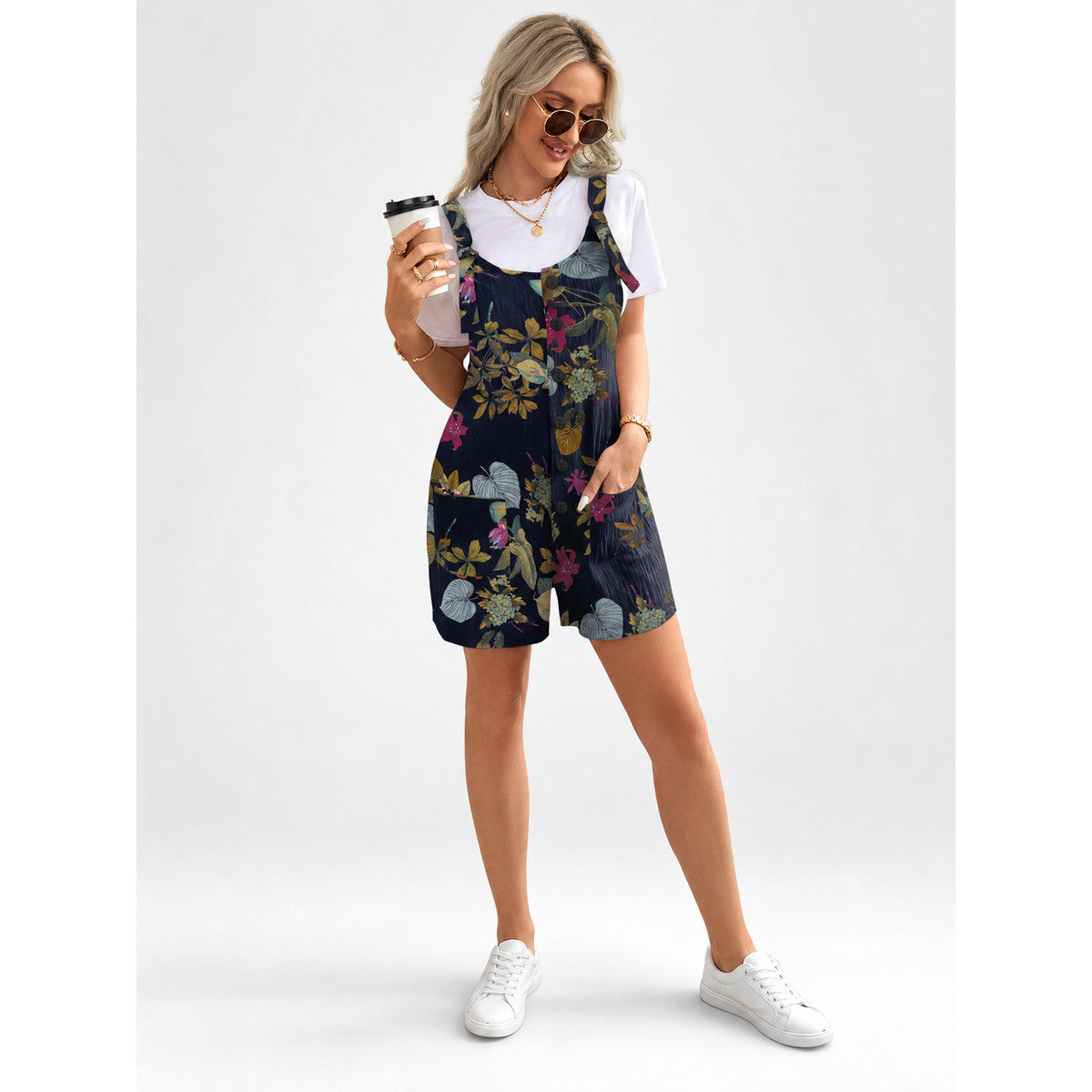 Bib Overall Shorts with Floral Print