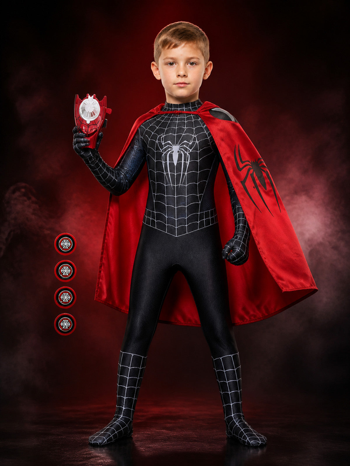 Kids' Black Spider Web Bodysuit Costume with Hooded Mask, Cape, Toy and Launcher main product view