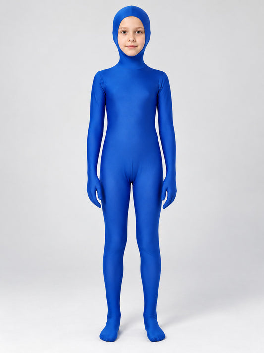 Blue Form-Fitting One-Piece Hooded Costume on-model view