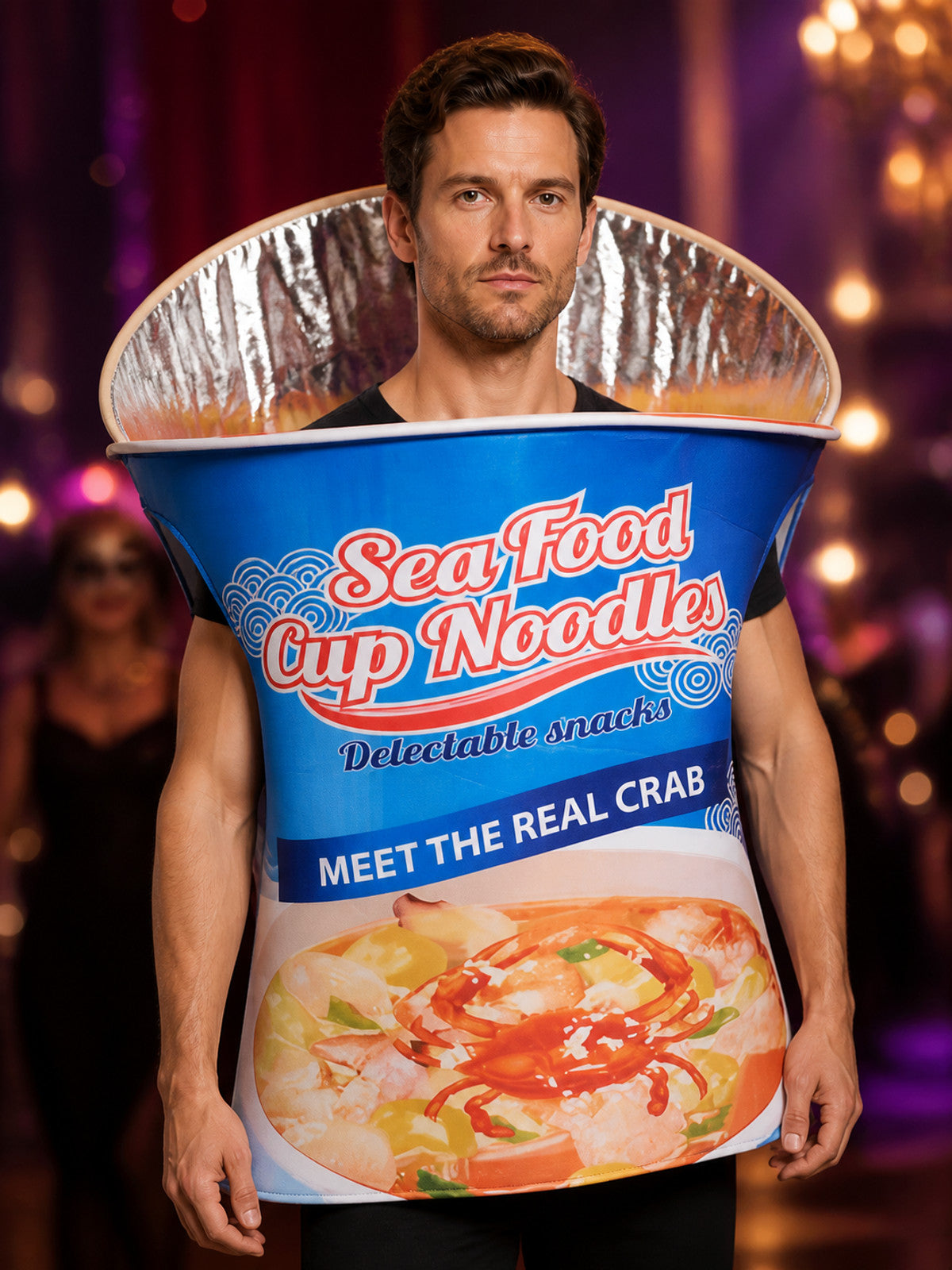 Adult Unisex Seafood Cup Noodles Crab Halloween Costume Jumpsuit on-model view