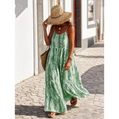 Women's Long Green-and-White Dress with Thin Straps