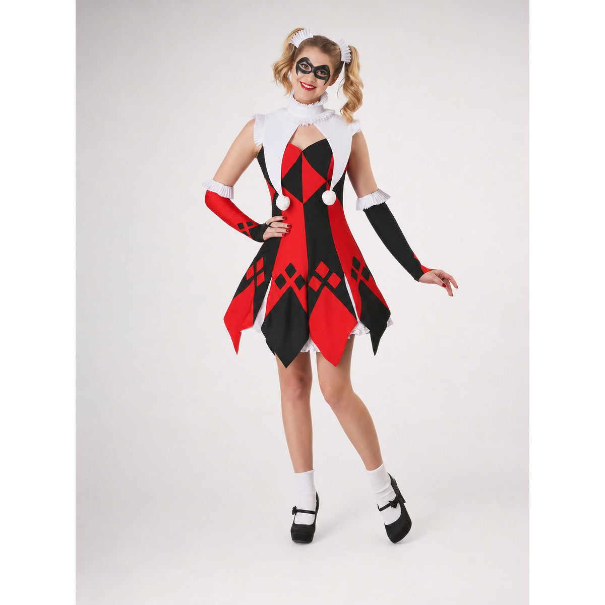 Harlequin Carnival Costume with Mask and Gloves on-model view
