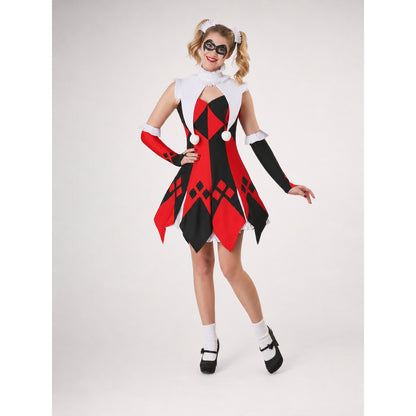 Harlequin Carnival Costume with Mask and Gloves on-model view