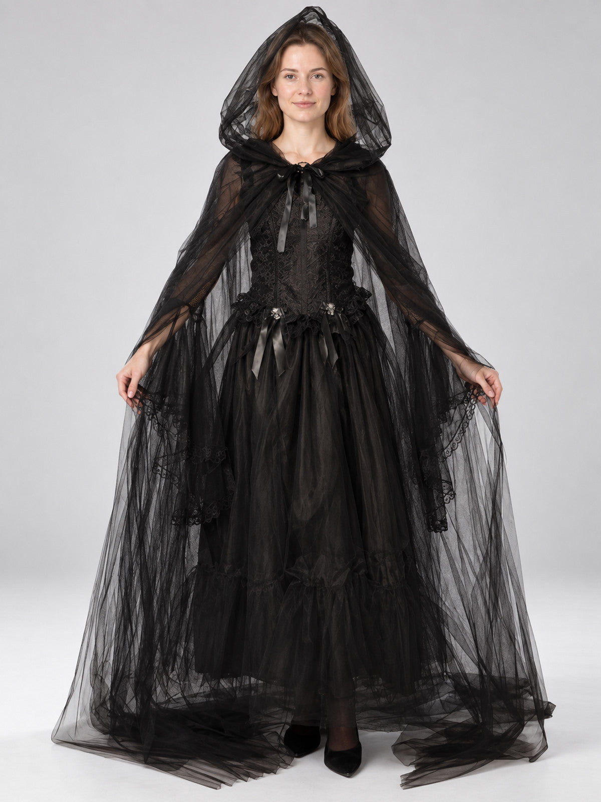 Gothic Black Carnival Costume with Cape and Dress