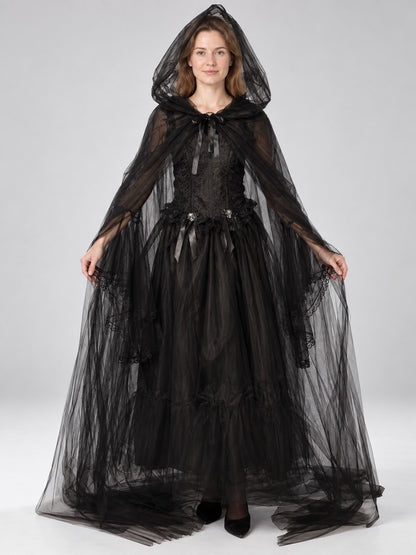 Gothic Black Carnival Costume with Cape and Dress