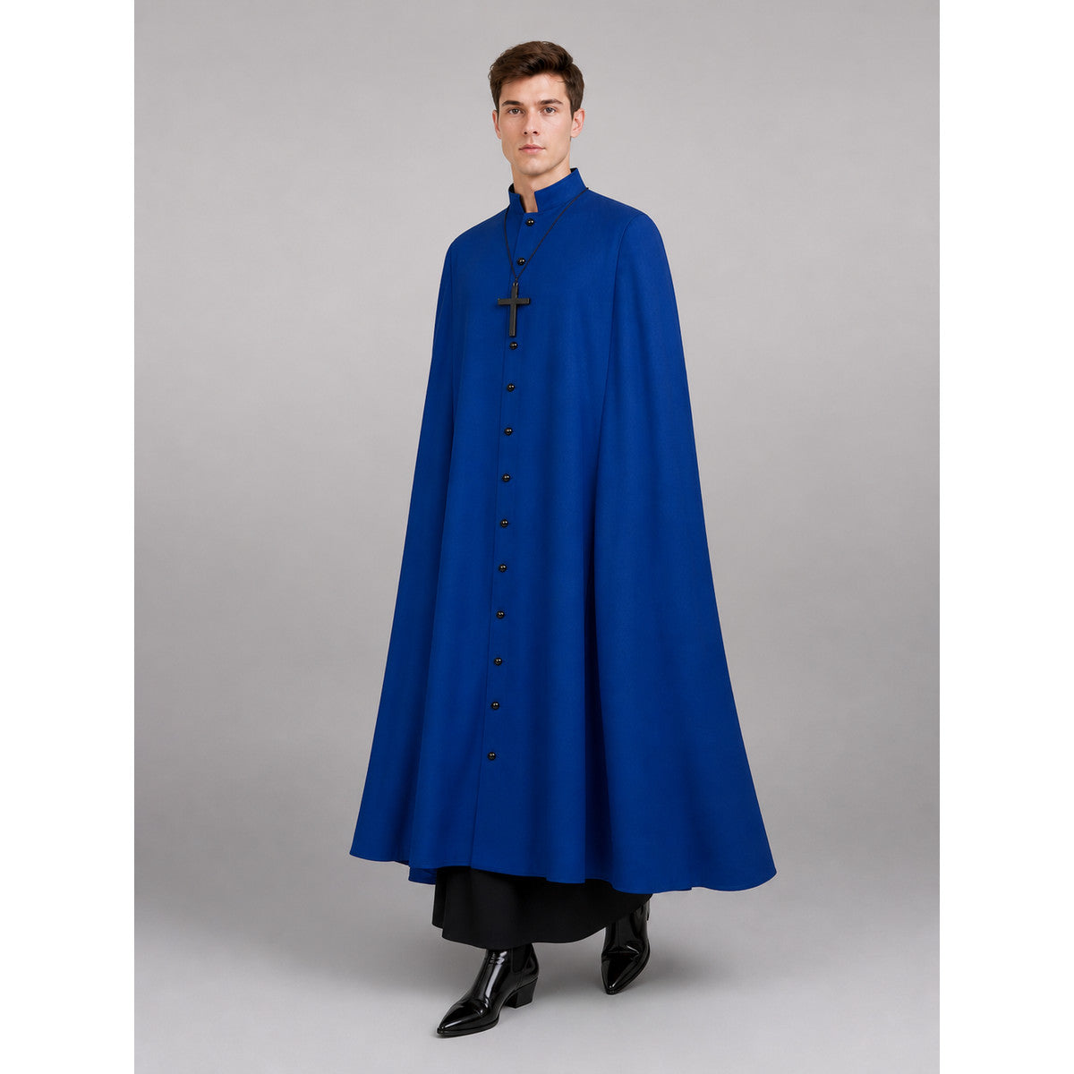 This is a long blue straight-cut robe with long sleeves, a high stand collar front view