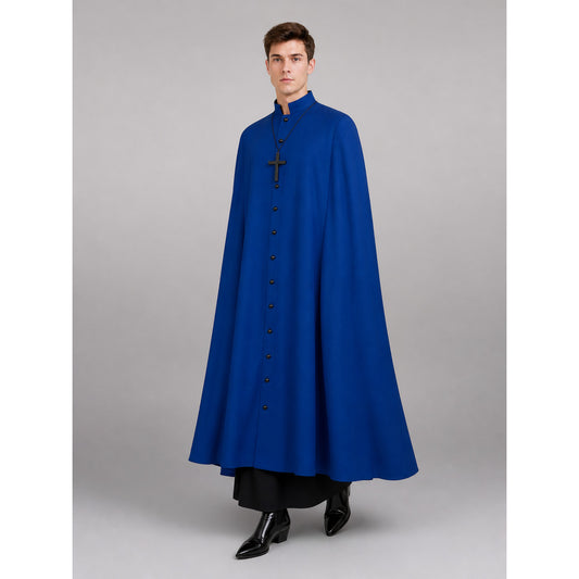 This is a long blue straight-cut robe with long sleeves, a high stand collar front view