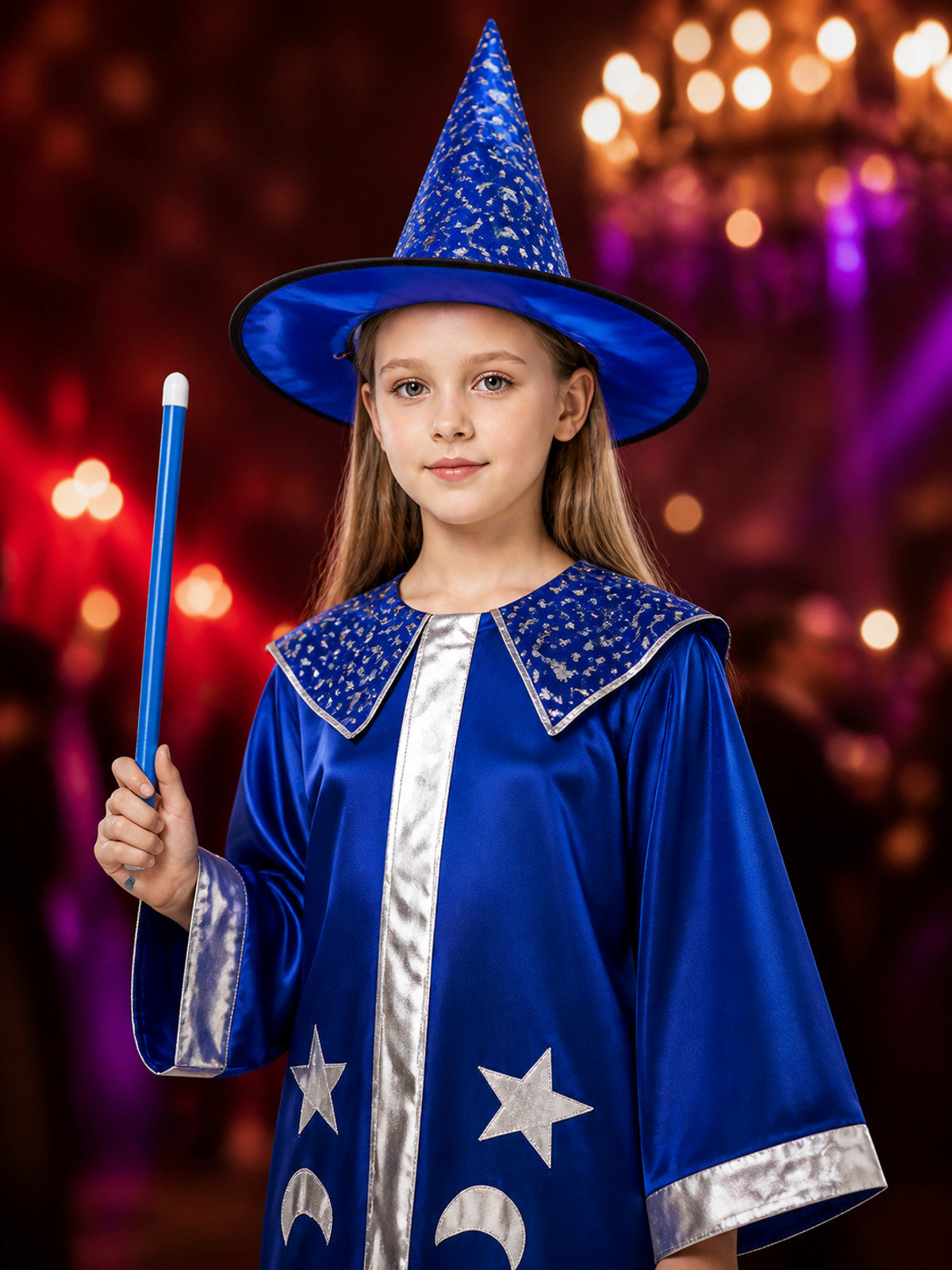 Blue Wizard Costume Set with Star and Moon Cloak and Pointed Hat on-model view