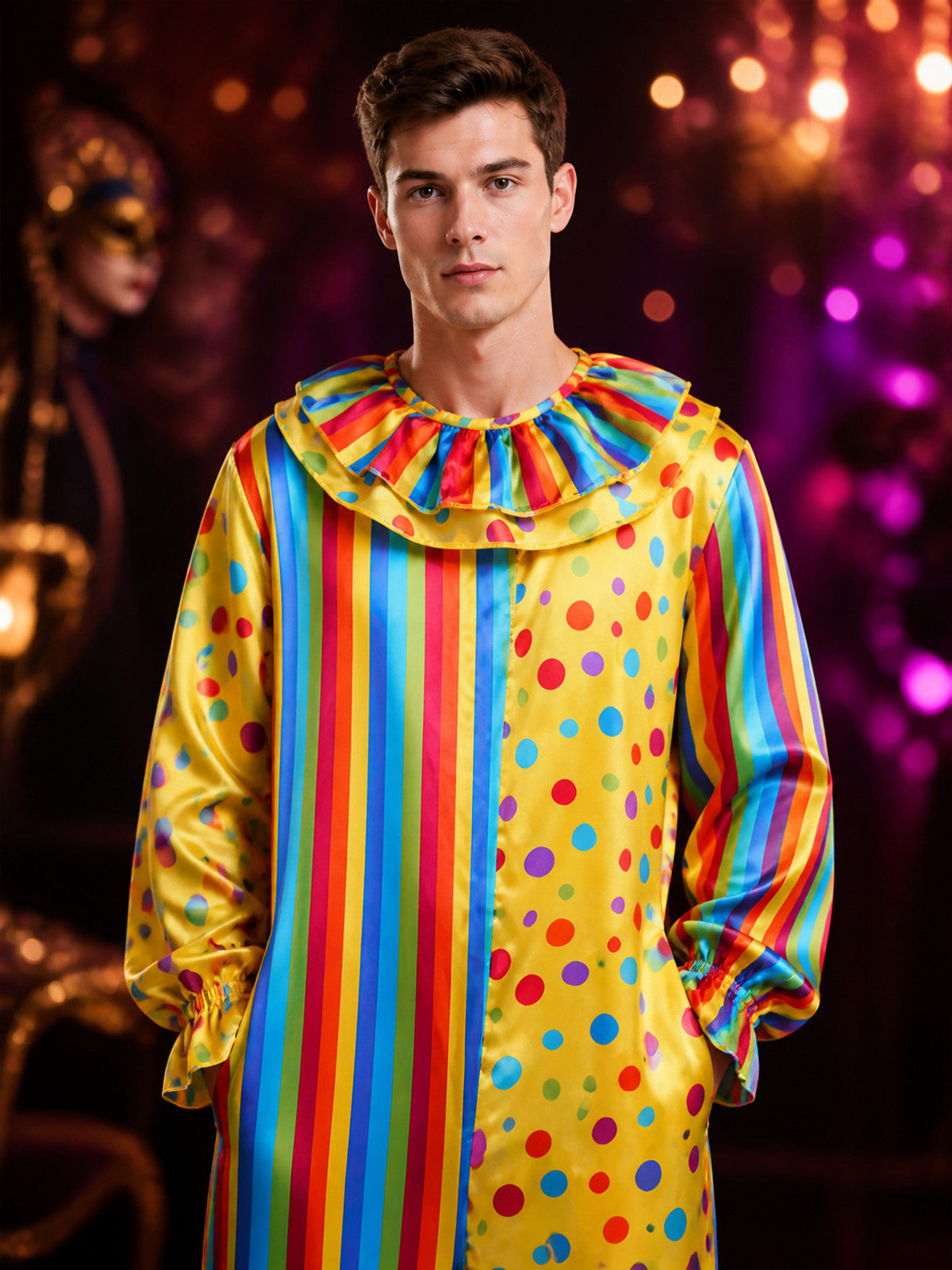Unisex Adult Clown Jumpsuit Costume, Colorful Striped & Polka Dot One-Piece on-model view
