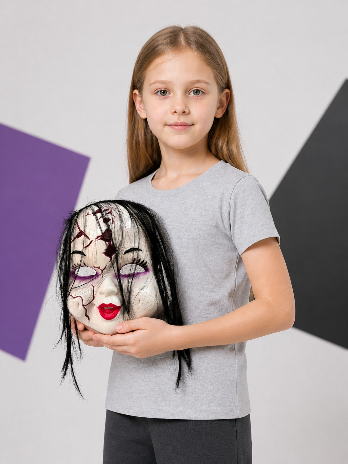 Halloween Mask with Long Black Hair