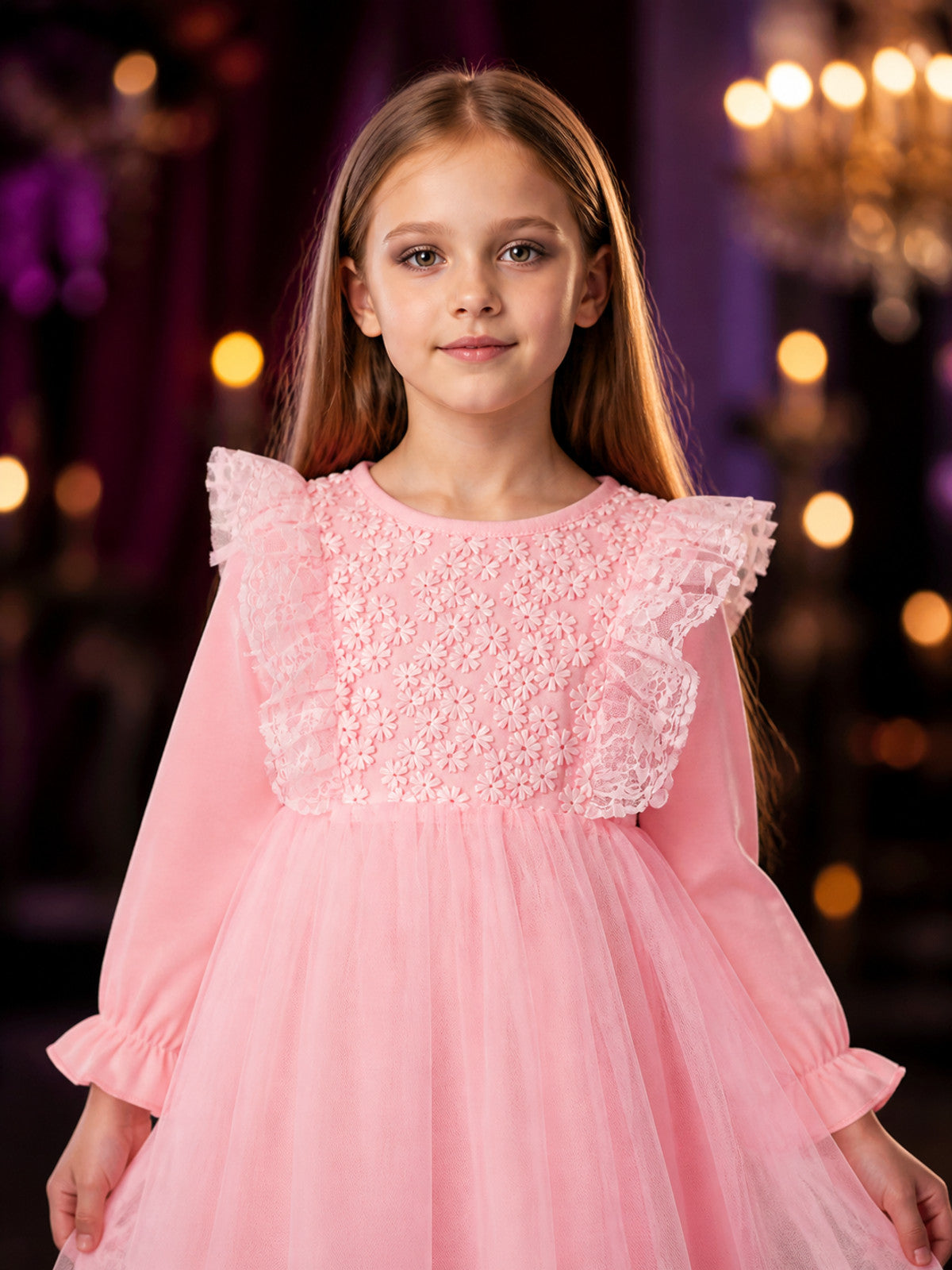 Infant Girls' Pink Princess Dress, Long Sleeve Lace Tulle Floral Embroidered on-model view