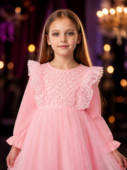 Infant Girls' Pink Princess Dress, Long Sleeve Lace Tulle Floral Embroidered on-model view