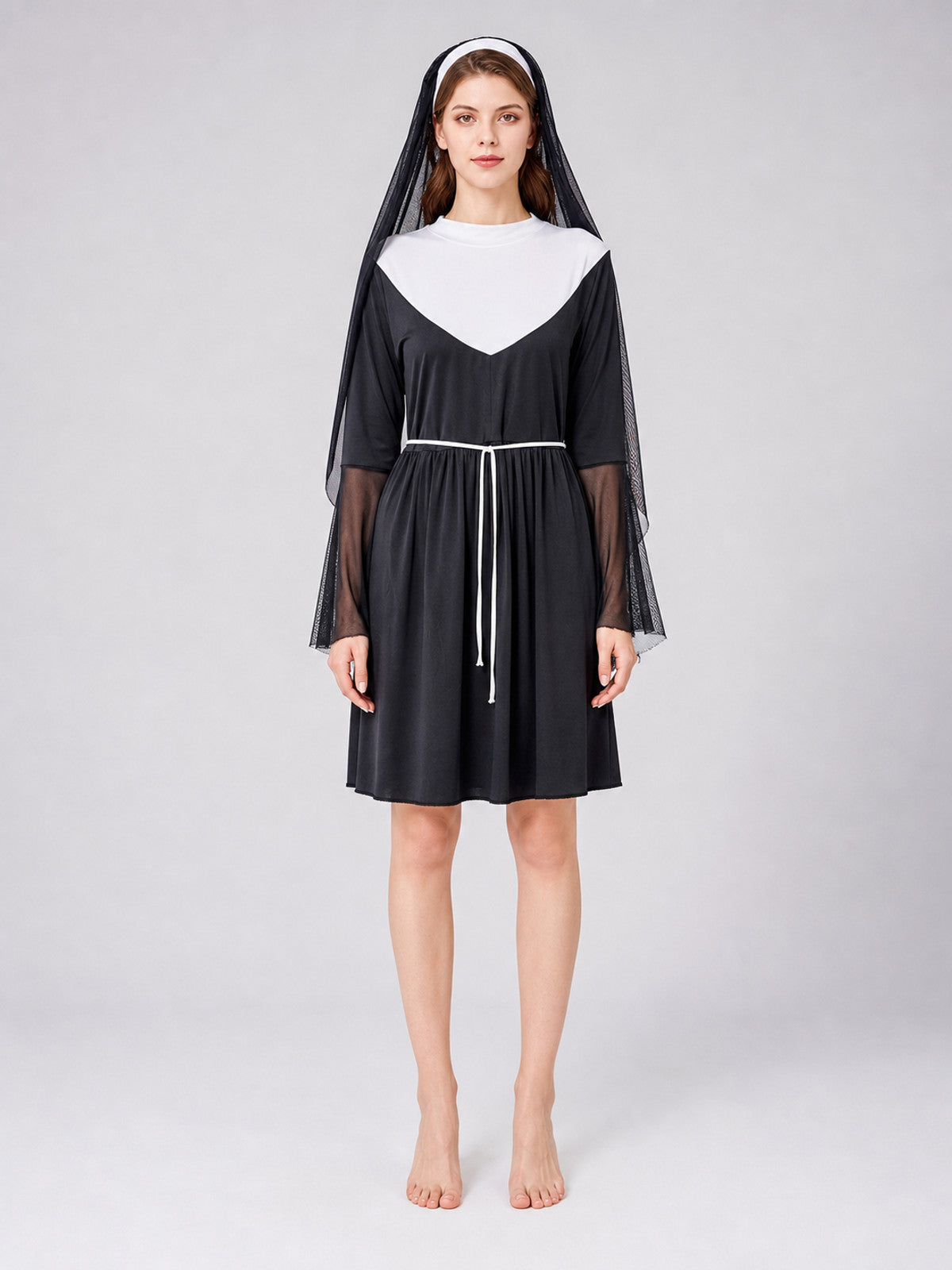 Religious Attire for Cosplay with a Black Veil on-model view