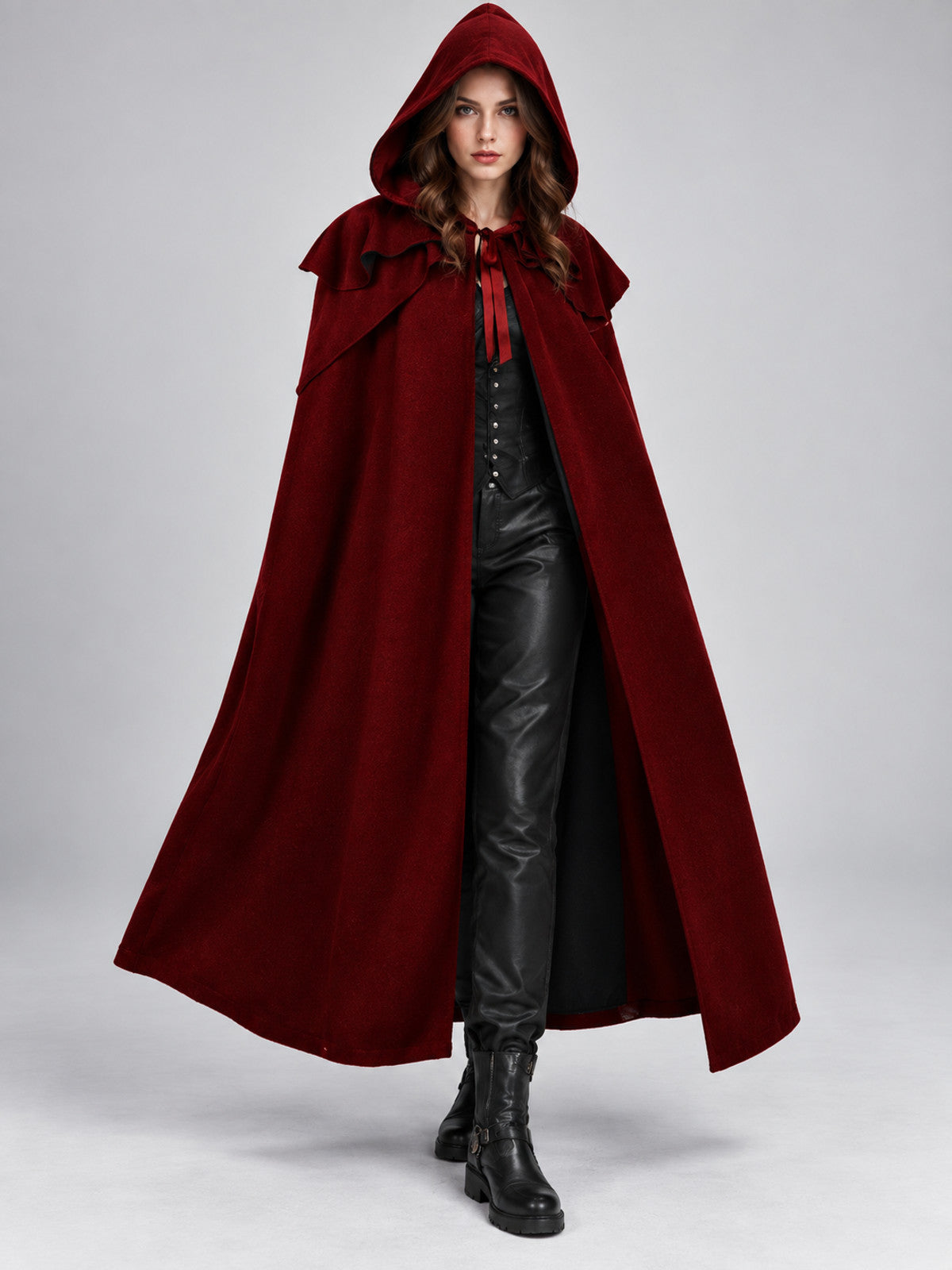 Burgundy hooded cloak with ties