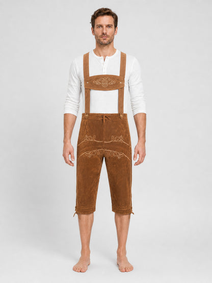Oktoberfest Embroidered Bib Pants with Suspenders, Brown on-model view