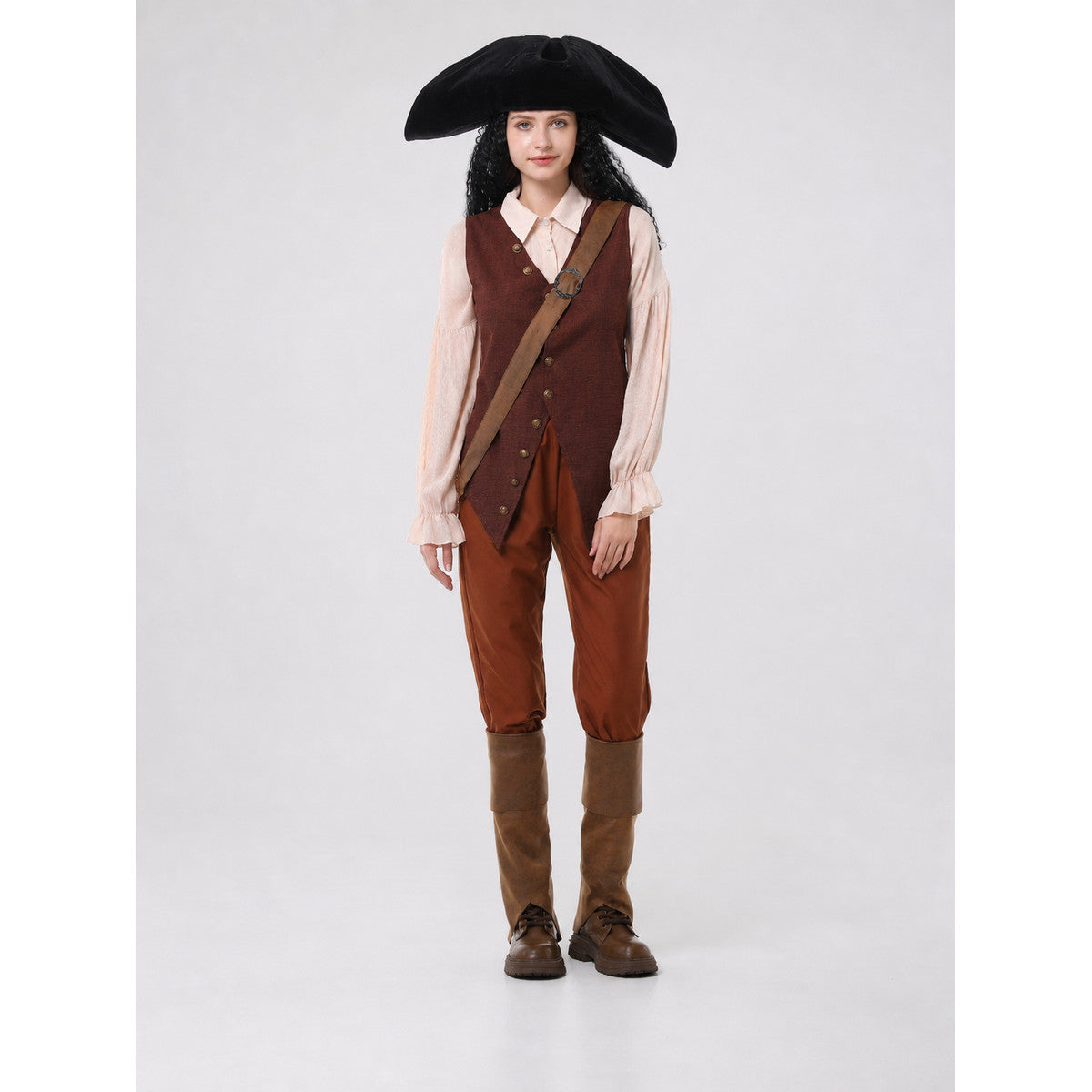 Pirate costume with vest, pants, and wide-brimmed hat on-model view