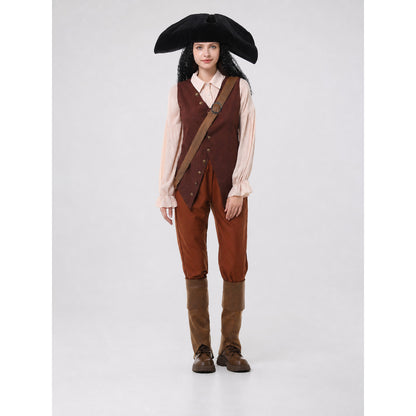 Pirate costume with vest, pants, and wide-brimmed hat on-model view