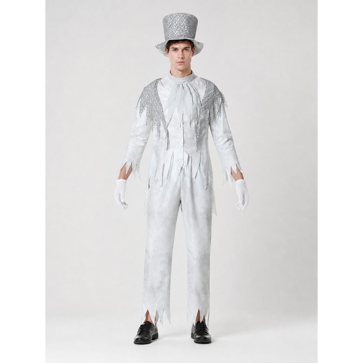 Theatrical Ghost Costume with Top Hat and Gloves front view
