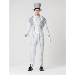 Men's White Ghost Groom Halloween Costume – Tattered Top & Pants with Silver Top Hat, Collar & Gloves