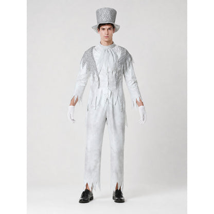 Theatrical Ghost Costume with Top Hat and Gloves front view